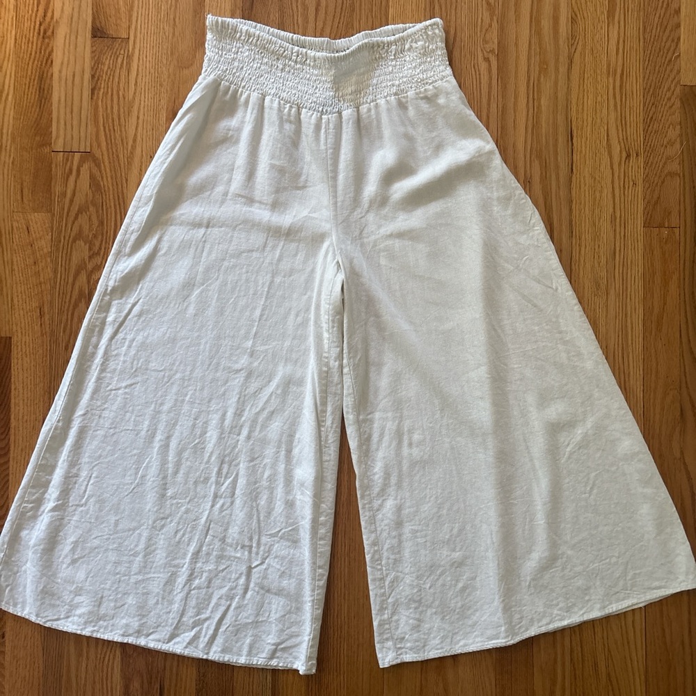 CeCe Linen Blend Wide Leg White Elastic Waist Pants Sz Large Boho Resortwear
